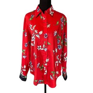 Lauren Ralph Lauren Red Floral Satin Button Down Blouse Striped Cuffs Med Bold